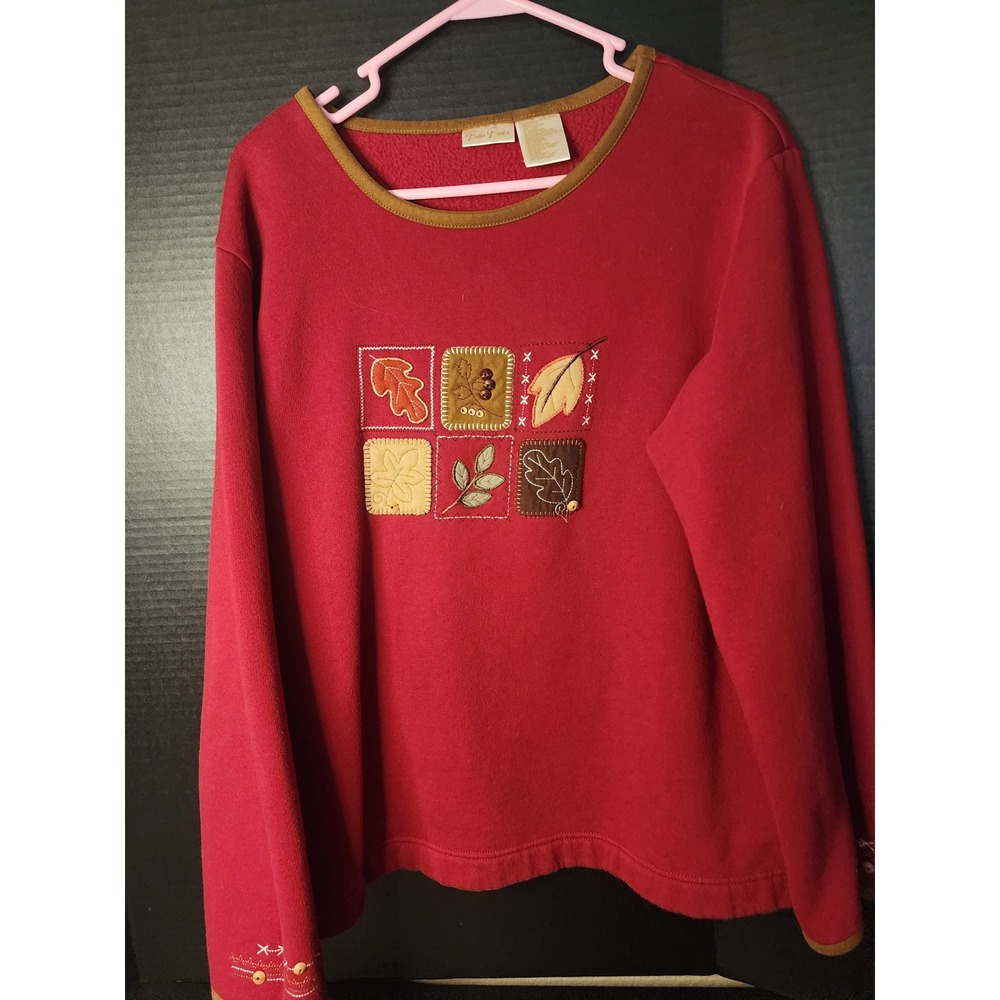Bobbie Brooks Womens XL Red Fleece Sweatshirt Autumn Leaf Patch Embroidered XL